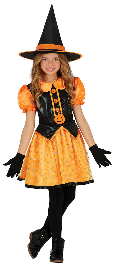 Déguisement sorcière paillettes noir et orange enfant 7-9 ans