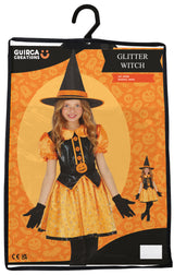 Déguisement sorcière paillettes noir et orange enfant 7-9 ans