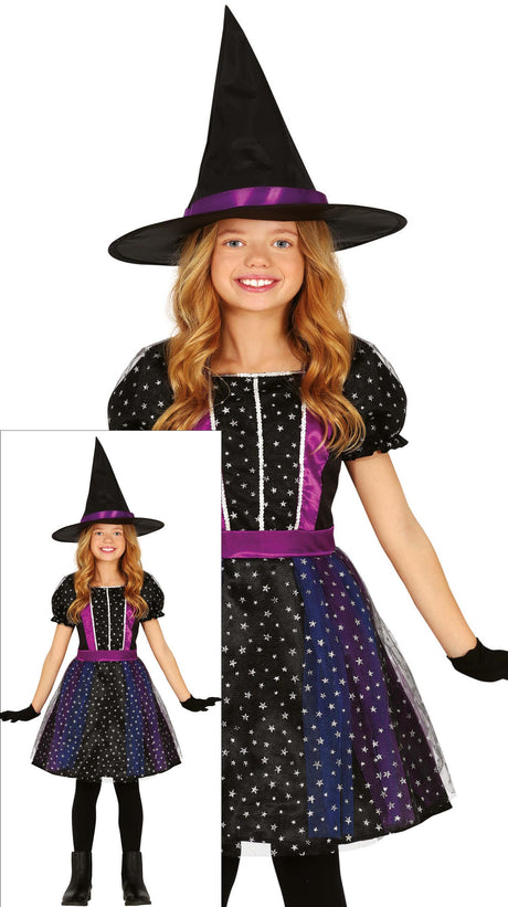 Child witch costume for girls ages 10 to 12 in black and lilac polyester, perfect for Halloween dress-up.
