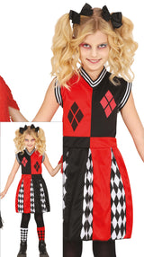 Red and black dangerous cheerleader costume for girls ages 10 to 12, polyester Halloween outfit featuring superhero and animation theme.