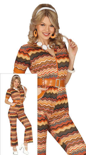 Adult women's 70s costume in brown polyester, retro disco outfit for parties and themed events.