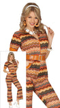 Adult women's 70s costume in brown polyester, retro disco outfit for parties and themed events.