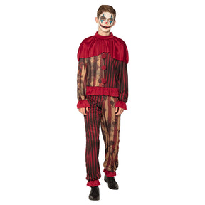 Midnight clown costume for teens ages 14-16, horror Halloween outfit for men, 100% polyester, adult size, displayed in packaging.