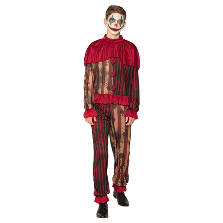 Midnight clown costume for teens ages 14-16, horror Halloween outfit for men, 100% polyester, adult size, displayed in packaging.
