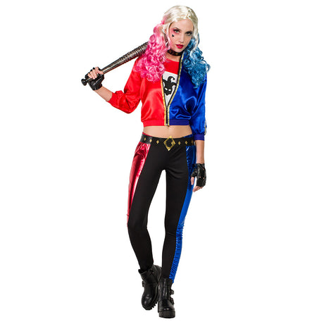 Adult women's Jester Fatale costume in size M/L, horror clown Halloween outfit made of 100% polyester, displayed in retail packaging.