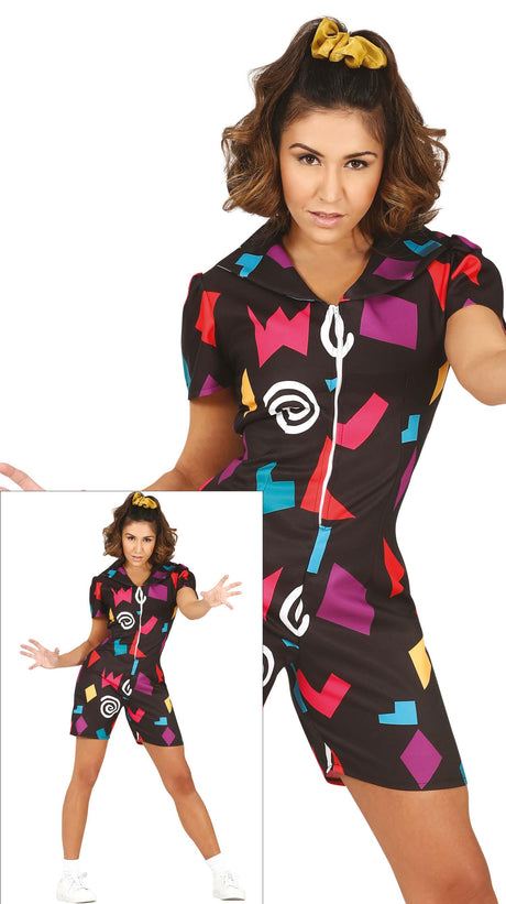 Adult women's telepathic girl costume inspired by 80s cinema, multicolored polyester dress with black accents, perfect for Halloween parties.