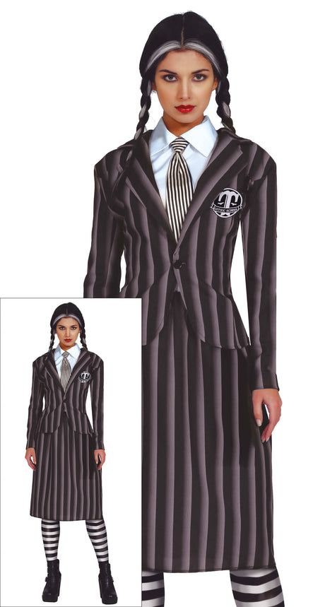 Adult women's gothic student Halloween costume in black and gray polyester, size small, perfect for cinema or Halloween themed parties.