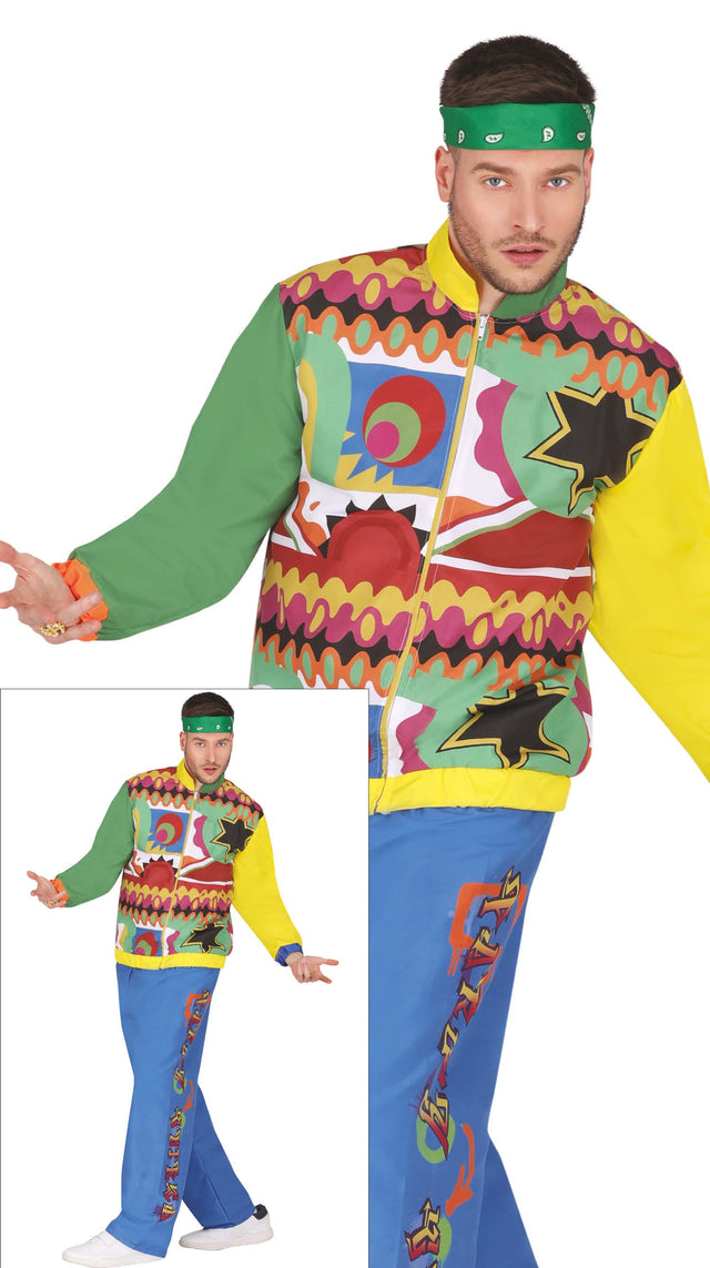 Adult men's multicolored hip hop costume inspired by 80s fashion, made of polyester, ideal for themed parties and sports events.