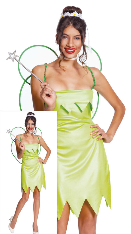 Green fairy costume for adult women, size medium 38-40, made of polyester, ideal for fairy tale themed events or World Book Day.