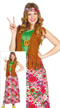 Women's hippie costume for adults in brown and multicolor polyester, 1960s themed outfit ideal for parties and events.