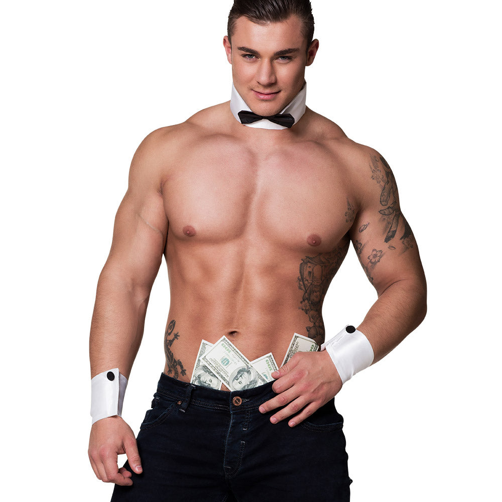 Men’s Stripteaser accessory set featuring a bow tie collar and two cuffs, made of 100% polyester, ideal for bachelor parties or adult costume events.