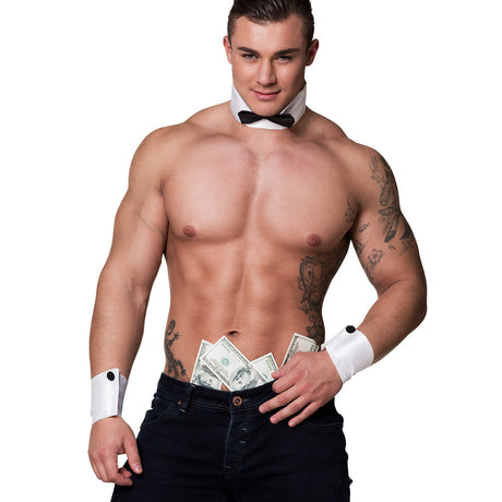 Men’s Stripteaser accessory set featuring a bow tie collar and two cuffs, made of 100% polyester, ideal for bachelor parties or adult costume events.