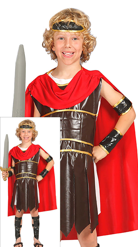 Children's Roman costume for boys ages 5 to 6, brown and red polyester outfit, ideal for historical or Greek and Roman themed dress-up.