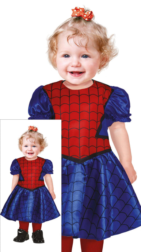 Red and blue spider superhero costume for baby girls aged 12 to 18 months, made of polyester, perfect for superhero-themed dress-up and toddler cosplay.