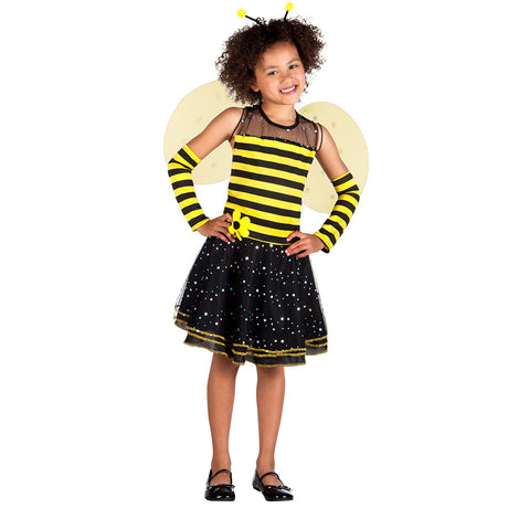 Children's Bee-bee costume for girls ages 4-6, made of 100% polyester, displayed in a button bag, perfect for dress-up and themed parties.