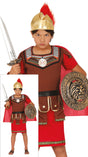Roman centurion costume for boys ages 5 to 6, made of polyester in brown and red colors, ideal for kids' dress-up and historical role play.