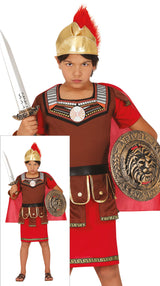 Child Roman centurion costume for boys ages 10 to 12, brown and red polyester outfit, ideal for historical dress-up and themed parties.