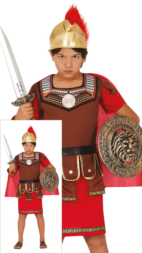 Child Roman centurion costume for boys ages 10 to 12, brown and red polyester outfit, ideal for historical dress-up and themed parties.
