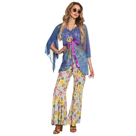 Adult women's 60s and 70s hippie flower costume in size 36/38 made of 100% polyester, ideal for retro parties and themed events.