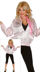 Women's 50s costume in size large 42-44, metallic pink polyester, retro adult dress ideal for 1950s themed parties.