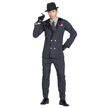 Adult men's 1920s gangster costume in medium/large size, featuring classic flapper-era design, made from 100% polyester, ideal for themed parties or events.