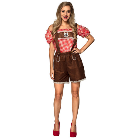 Women's Bettina adult costume size 36/38 for beer festival, 100% polyester, packaged in a button bag.