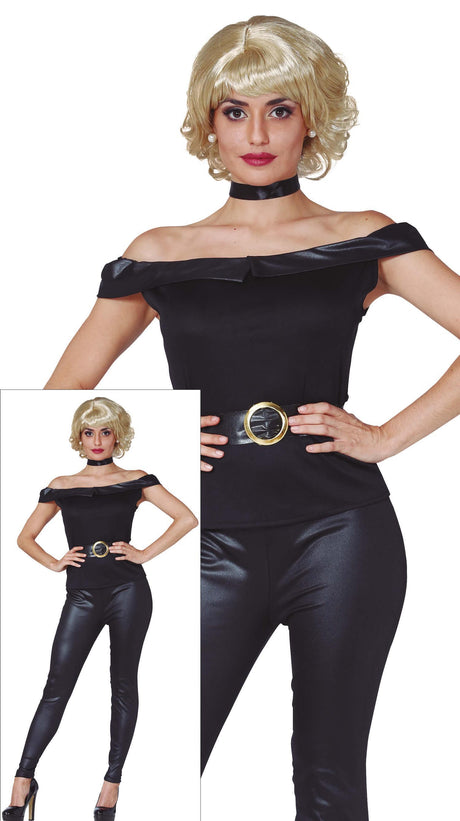 Women's Bad Sandy costume in black polyester, adult size medium, inspired by 1950s cinema, perfect for movie-themed parties and events.
