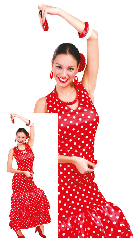 Red and white flamenco dress costume for adult women, size large, made of polyester, ideal for world culture themed parties and events.