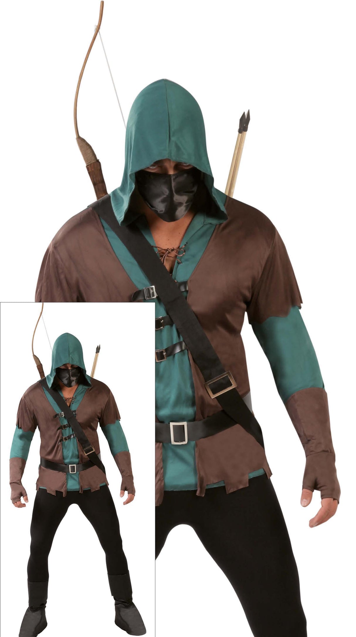 Men’s medium medieval archer costume in brown and green polyester, ideal for adult men’s medieval, bandit, or musketeer themed events.