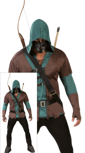 Men’s medium medieval archer costume in brown and green polyester, ideal for adult men’s medieval, bandit, or musketeer themed events.