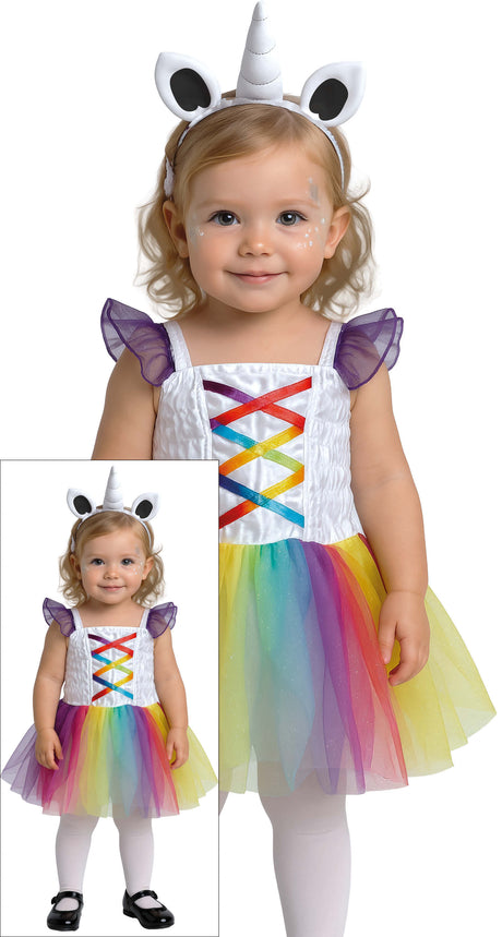 Baby unicorn costume for 18-24 months, white and multicolored polyester, perfect for toddlers and unicorn-themed dress-up.