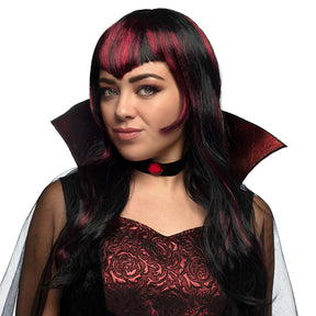 Red vampire wig with streaks for women, perfect for Halloween costumes, made of 100% polyester, adult size, packaged in a box.