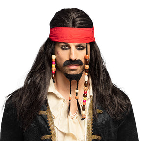 Brown pirate wig set for adults featuring a bandana, mustache, beard with beads, made of 100% polyester, ideal for men's pirate costumes.
