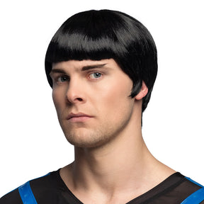 Black space officer wig for men made of 100% polyester, adult costume accessory in box packaging.
