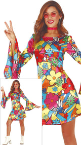 Adult women's multicolored hippie costume from the 60s, made of polyester, ideal for themed parties and retro events.