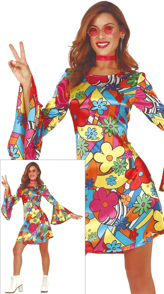 Adult women's multicolored hippie costume from the 60s, made of polyester, ideal for themed parties and retro events.