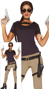 Women's adventurer costume in brown and beige polyester inspired by video game characters, adult size 36-38.