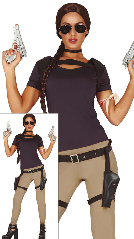 Women's adventurer costume in brown and beige polyester inspired by video game characters, adult size 36-38.