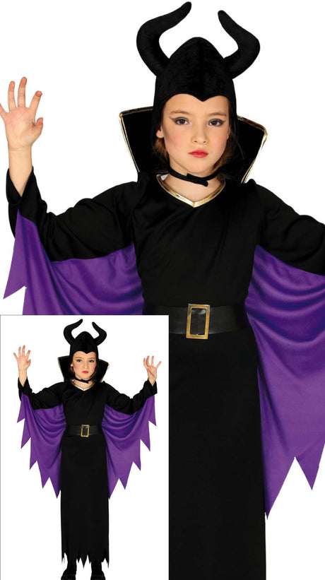 Girls' wicked fairy costume for ages 10-12 in black and lilac polyester, perfect for Halloween, fairy tale events, and book day celebrations.