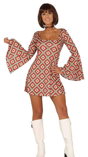 Women's 70s disco costume in multicolor polyester, adult size small 36-38, perfect for retro party or themed events.