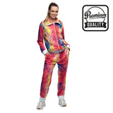 Women's 80s disco tracksuit costume in medium size, high-quality 100% polyester, ideal for adult party outfits and retro themed events.
