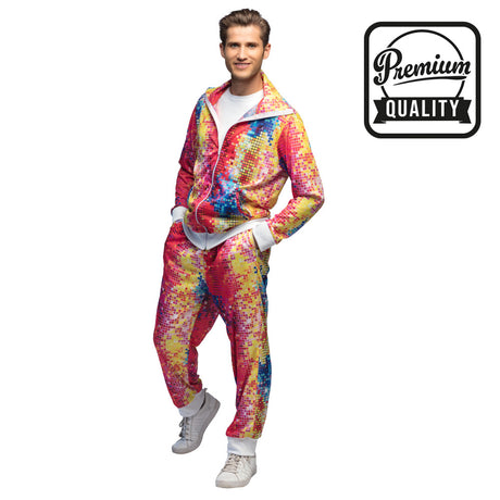 Men’s 80s disco tracksuit in medium size, high-quality 100% polyester costume for adults, ideal for retro parties and themed events.