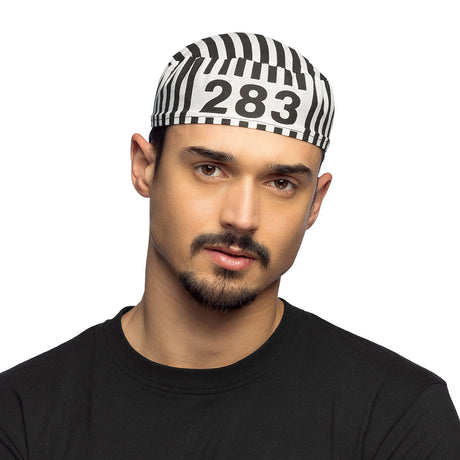 Black prisoner beret for men, adult size 59 cm, made of 100% polyester, police and SWAT costume accessory.