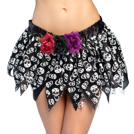 Women's skull print mini skirt for adults, Halloween costume accessory, 100% polyester, available in medium and large sizes.