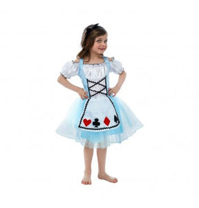 The image shows a child dressed in an Alice in Wonderland-themed costume, specifically resembling Alice, with a blue dress and white apron. The costume is accessorized with a black headband and white stockings, and the background is plain, focusing attention on the outfit.
