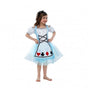 The image shows a child dressed in an Alice in Wonderland-themed costume, specifically resembling Alice, with a blue dress and white apron. The costume is accessorized with a black headband and white stockings, and the background is plain, focusing attention on the outfit.