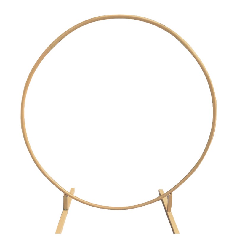 The image shows a large, circular metal arch with a gold finish, likely intended for use as a decorative structure at a party or ceremony.