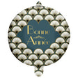 The image shows a round foil balloon with a "Bonne Année" (Happy New Year) message in French, featuring a blue and gold Art Deco flapper design.