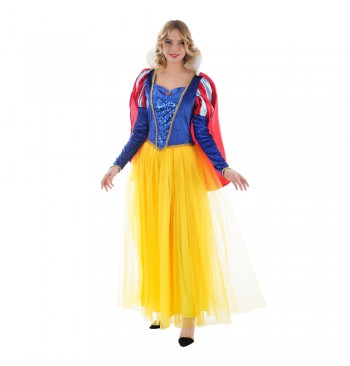 The image features a Snow White-themed party costume, prominently displaying a classic Snow White dress with a blue bodice, yellow skirt, and red accents, including a red bow headband. The costume is designed for a child and is inspired by the iconic Disney character.