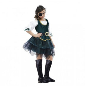 The image shows a child dressed in a pirate-themed costume, specifically labeled as "Boucanière Pirate Angélique." The costume includes a dress with a red and black color scheme, a skull and crossbones motif, and a matching headscarf, suitable for a party or themed event.